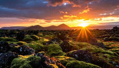 Vibrant sunset casting rays over a mossy, rocky landscape