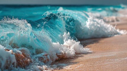 Fototapeta premium Close-up of Waves Crashing on Sandy Beach with Foam and Splashes, Natural Seaside Scene