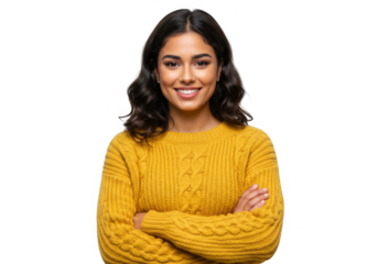 Young woman smiling with arms crossed isolated on transparent background