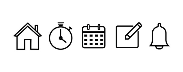 Address icon set. home, stop watch timer, calendar, edit pen, notification bell icon set. address symbol png and vector illustration on transparent background