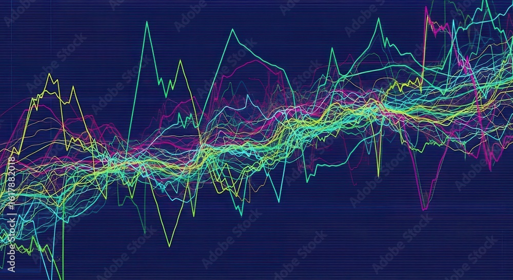 Poster chaotic data visualization of tangled lines representing market volatility and flux
