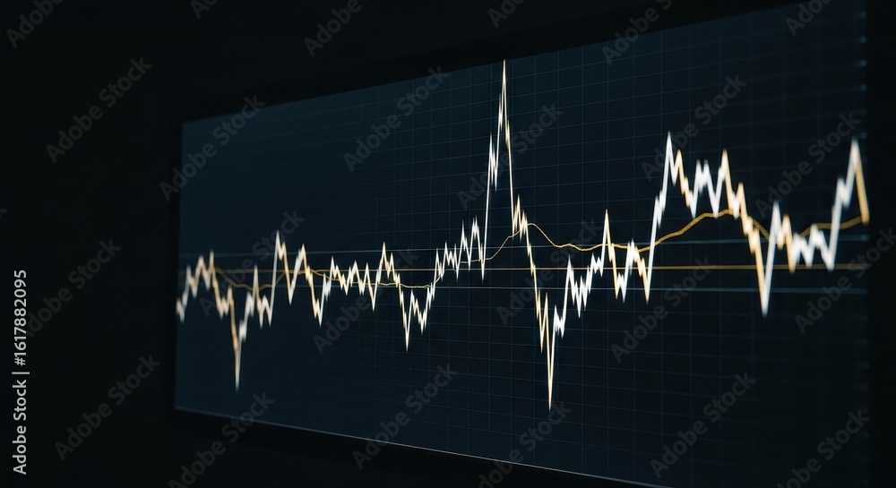 Poster digital monitor displaying a volatile financial stock market chart with fluctuating data lines.