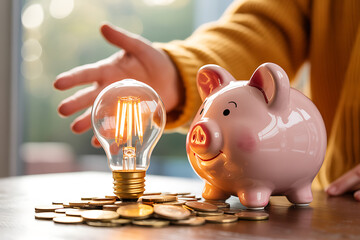 Saving money with energy efficient ideas and piggy bank