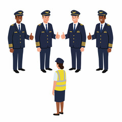 Diverse professional airline pilots giving thumbs up to a female airport ground staff member, symbolizing approval and teamwork in the aviation industry.