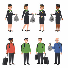 Obraz premium Flight attendants and passengers demonstrating inflight waste collection and recycling, highlighting airline cleanliness and responsible travel.
