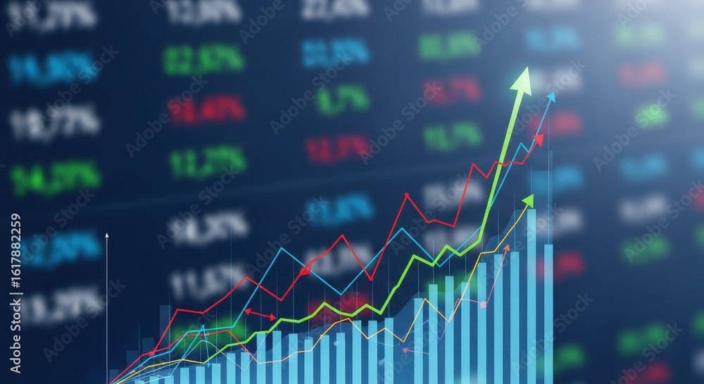 Poster digital line graph showing economic growth soaring upward on a blurred financial data display.