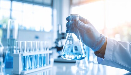 Hand of scientist holding flask with lab glassware in chemical laboratory background, science laboratory research and development concept.