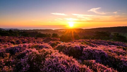 Vibrant sunset over a field of purple heather, hills, and a distant sea