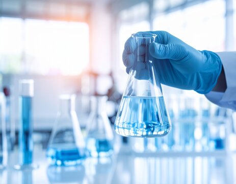 Hand of scientist holding flask with lab glassware in chemical laboratory background, science laboratory research and development concept.
