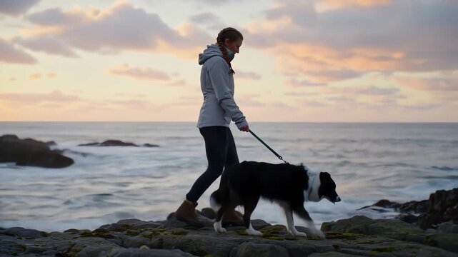Woman walks dog by stormy coast at sunset