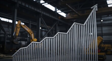 Metallic bar graph indicating economic growth with a factory and machinery background