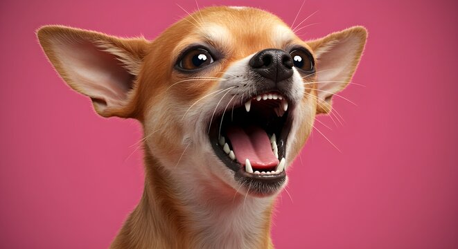 Chihuahua Snarling with Open Mouth Against Pink Backdrop