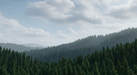 A vast expanse of a dense evergreen forest covering rolling hills under a partly cloudy sky.