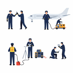 Airport Ground Crew and Pilots Performing Pre-Flight Checks and Aircraft Maintenance Operations