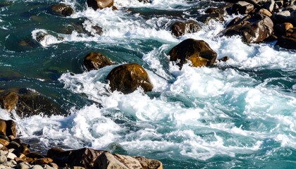 Whitewater rapids rush over dark rocks in a shallow river