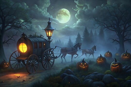Eerie horse drawn carriage illuminated by gaslight on a spooky halloween night under a full moon