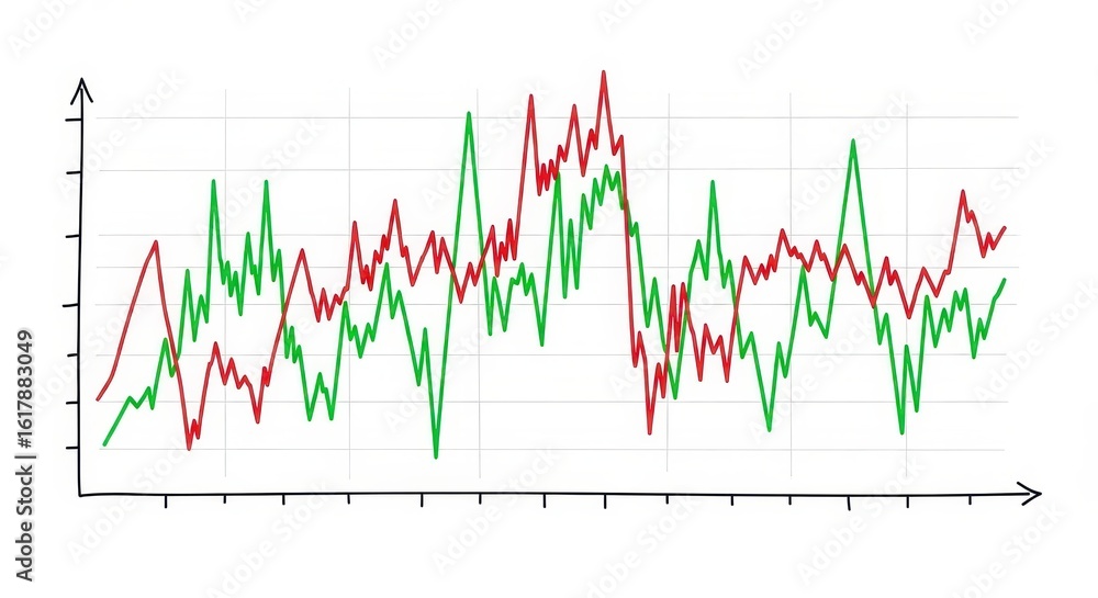 Poster dynamic hand-sketched financial market graph showing fluctuating green and red lines on a clean whit