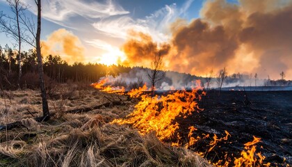 Wildfire at sunset, flames consuming dry grass and underbrush, smoke billowing against a vibrant sky