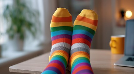 LGBTQ and diversity concept, Colorful striped socks on a wooden table with a laptop and coffee mug.
