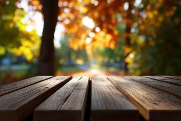 Wooden planks frame a park scene with blurred autumn leaves and sunlight