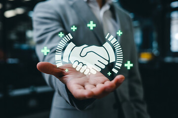 Business handshake icon with glowing plus signs over an open palm
