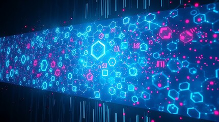 Abstract Digital Interface with Hexagonal Icons and Futuristic Data Stream in Neon Colors, cyber security wall