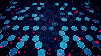 Abstract Digital Interface with Hexagonal Icons and Futuristic Data Stream in Neon Colors, cyber security wall