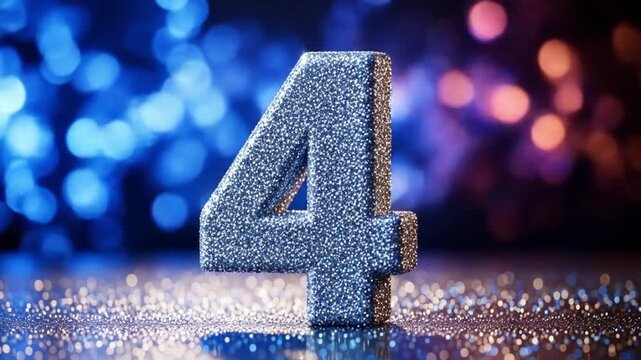 A sparkling silver number four stands prominently against a blurred background of blue and pink bokeh lights