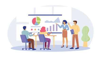 Illustration of a business meeting with presentation of charts and graphs to a small group of people