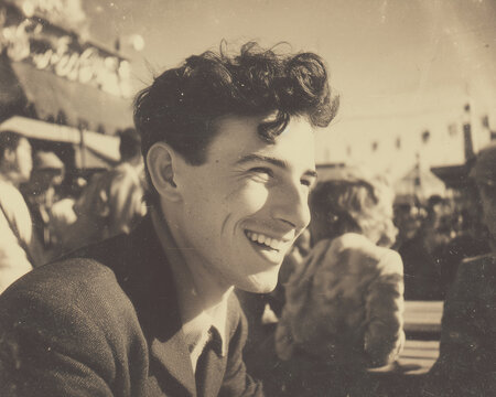 vintage film photo of cool young writer guy wearing jacket at event, 50s or 60s style black and white