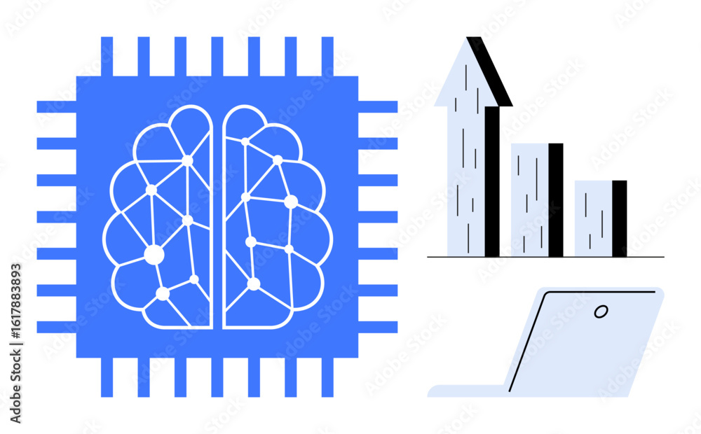 Poster ai-powered brain within a microchip next to upward growth chart and laptop, representing ai, innovat