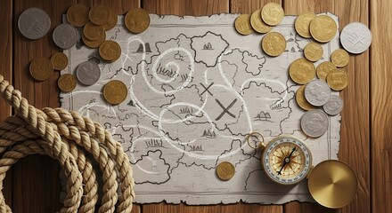 Vintage Treasure Map with Pirate Coins, Rope, and Compass on Wooden Table