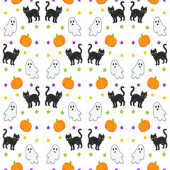 Cute halloween seamless pattern background. Pumpkin with witch hat, black cat, ghost and bats on purple background.