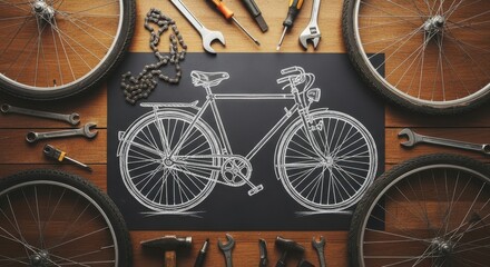Top-down view of a bicycle chalk sketch on a slate with repair tools and parts on a wooden desk.