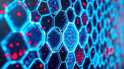 Abstract Digital Interface with Hexagonal Icons and Futuristic Data Stream in Neon Colors, cyber security wall