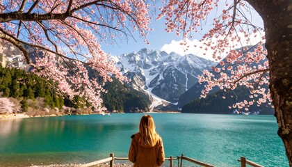 Woman gazes at serene mountain lake, framed by vibrant cherry blossoms in spring