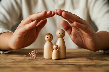 Hands protect wooden family figures symbolizing safety and care