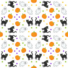 Ghost cat pattern. Spooky halloween kittens faces, horror animals and cute witchcraft cats seamless vector illustration. Halloween seamless cats wallpaper