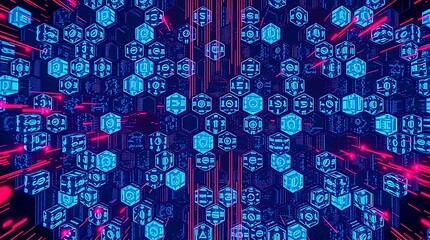 Abstract Digital Interface with Hexagonal Icons and Futuristic Data Stream in Neon Colors, cyber security wall