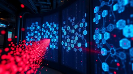 Abstract Digital Interface with Hexagonal Icons and Futuristic Data Stream in Neon Colors, cyber security wall