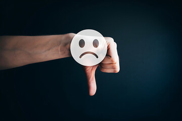 Hand holding a sad face emoji with a thumbs down gesture