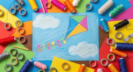 Creative hobby flat lay with a kite drawing, colorful threads, tape, and paper on a workspace.
