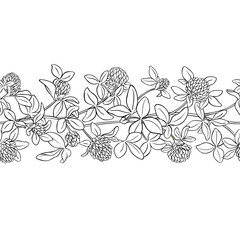 Clover Branch with Flowers and Leaves Outline Horizontal Seamless Pattern. Vector isolated for design or decoration.