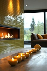 Yellow Fireplace With Decorative Candles