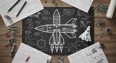 Aerospace engineering design table with a rocket schematic, technical drawings, and parts.