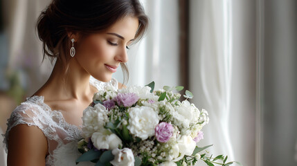 Naklejka premium Bride with bouquet illuminated by soft light