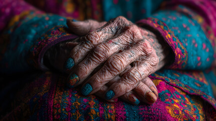 Close-up of elderly person's hands resting on vibrant, patterned fabric. Wrinkled skin and delicate fingers are prominent