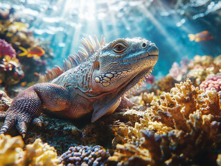 Marine Iguana Basking on Coral Reef in Tropical Waters 열대 바다 산호초에서 휴식하는 바다이구아나