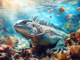 Marine Iguana Basking on Coral Reef in Tropical Waters 열대 바다 산호초에서 휴식하는 바다이구아나