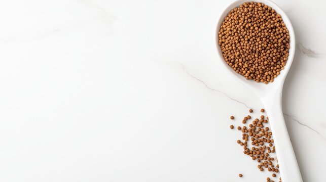 Spices spoon with whole cumin seeds, earthy tones on a white marble background, copy space on the left, advertising background